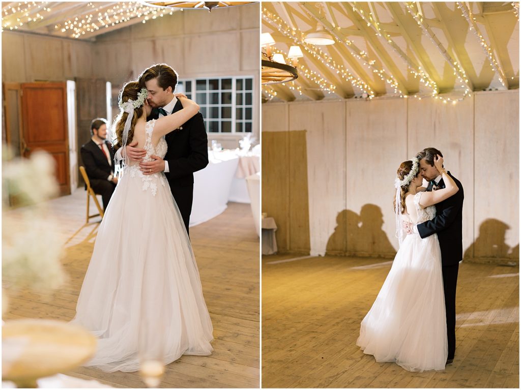 two images of the bride and groom dancing