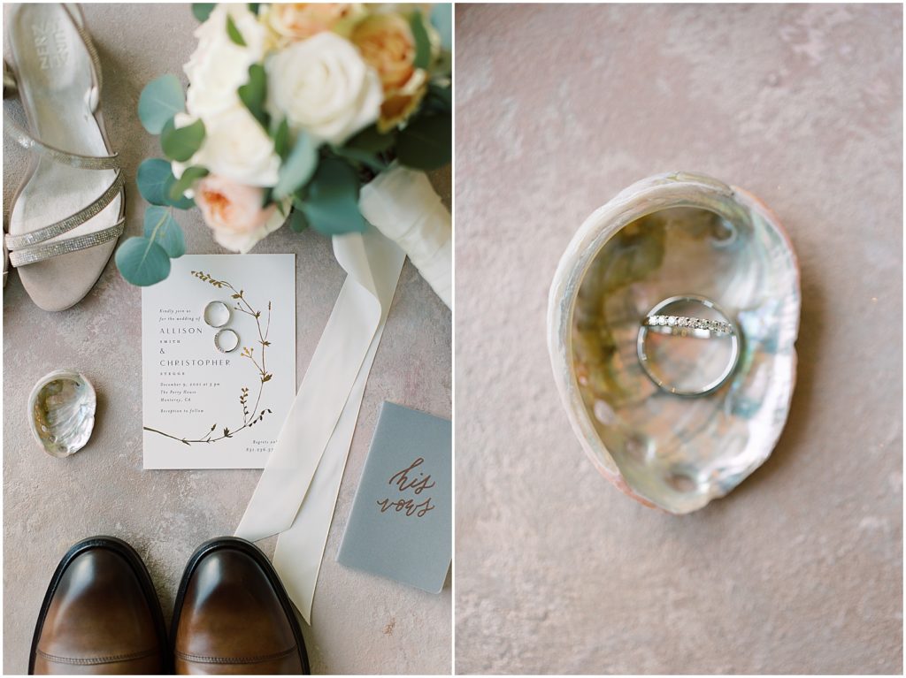 two images of the bride's wedding details including her rings, shoes and flowers