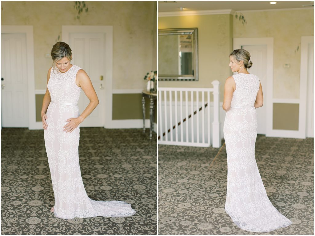 two images of the bride in her wedding dress