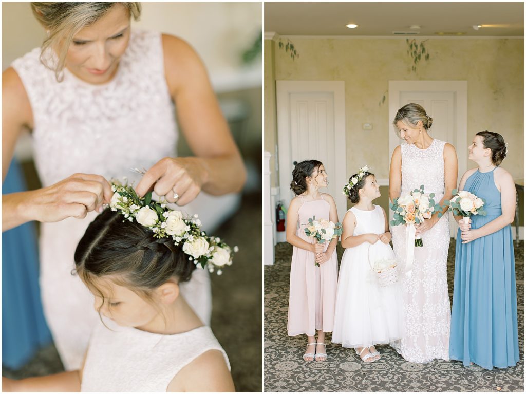two images of a bride getting ready for her wedding with her daughters