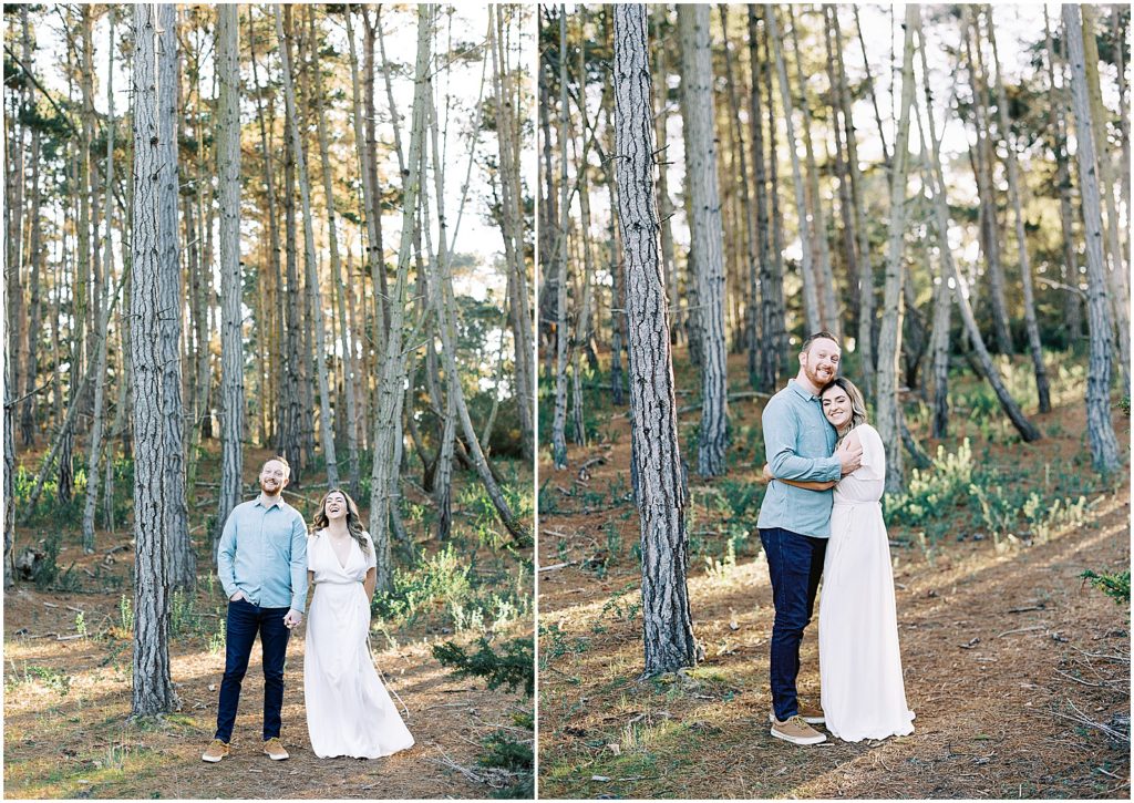 two images of a couple posing for engagement shoot in Del Monte Forest