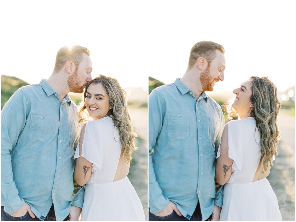 two images of a couple holding on to one another 