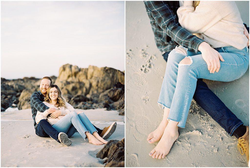 two images of couple sitting together in the sand on the beach