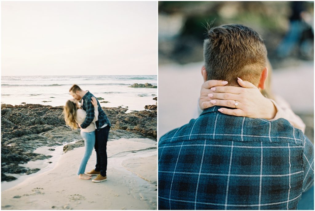 two images of couple kissing on the beach