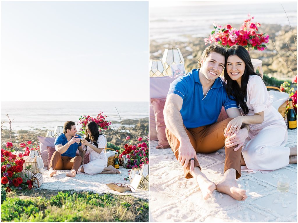 two images of a couple sitting together at a Pebble Beach Proposal picnic