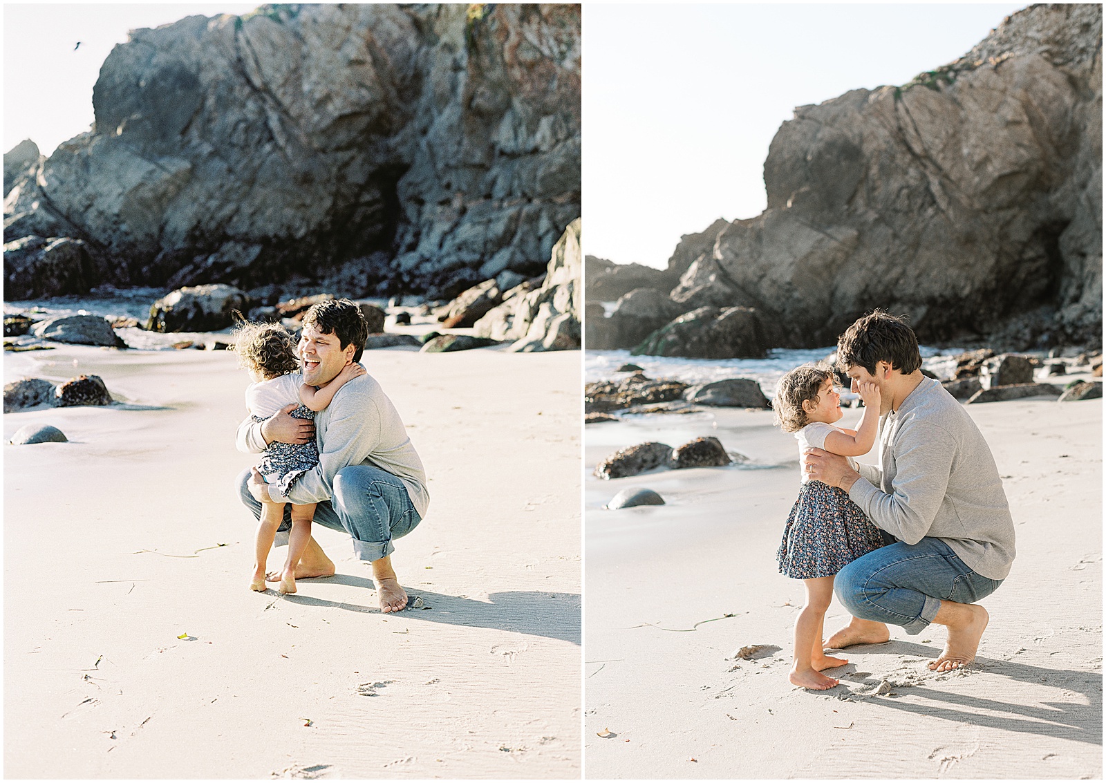 two images of a father holding his daughter on the beach