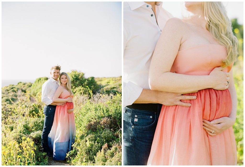 two images of a couple holding the mom's baby bump during Big Sur Maternity Shoot