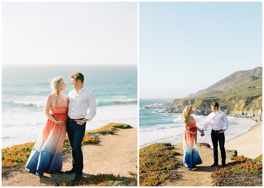 two images of a couple standing on the cliffside of Big Sur