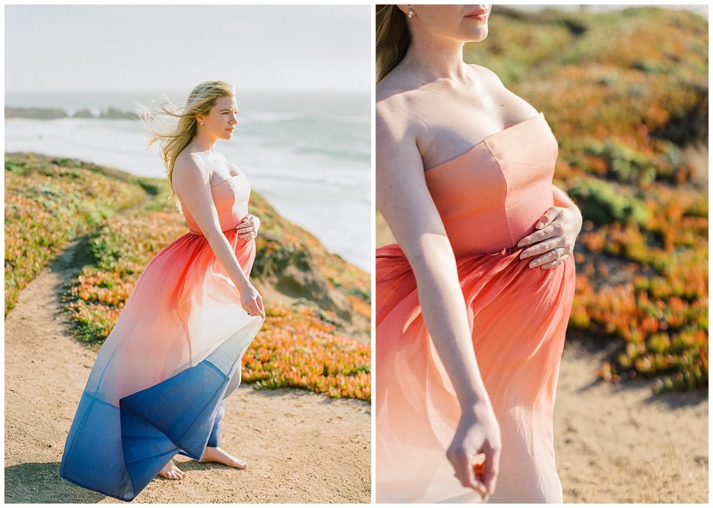 two images of a pregnant mom holding her dress in the wind during her Big Sur Maternity Shoot