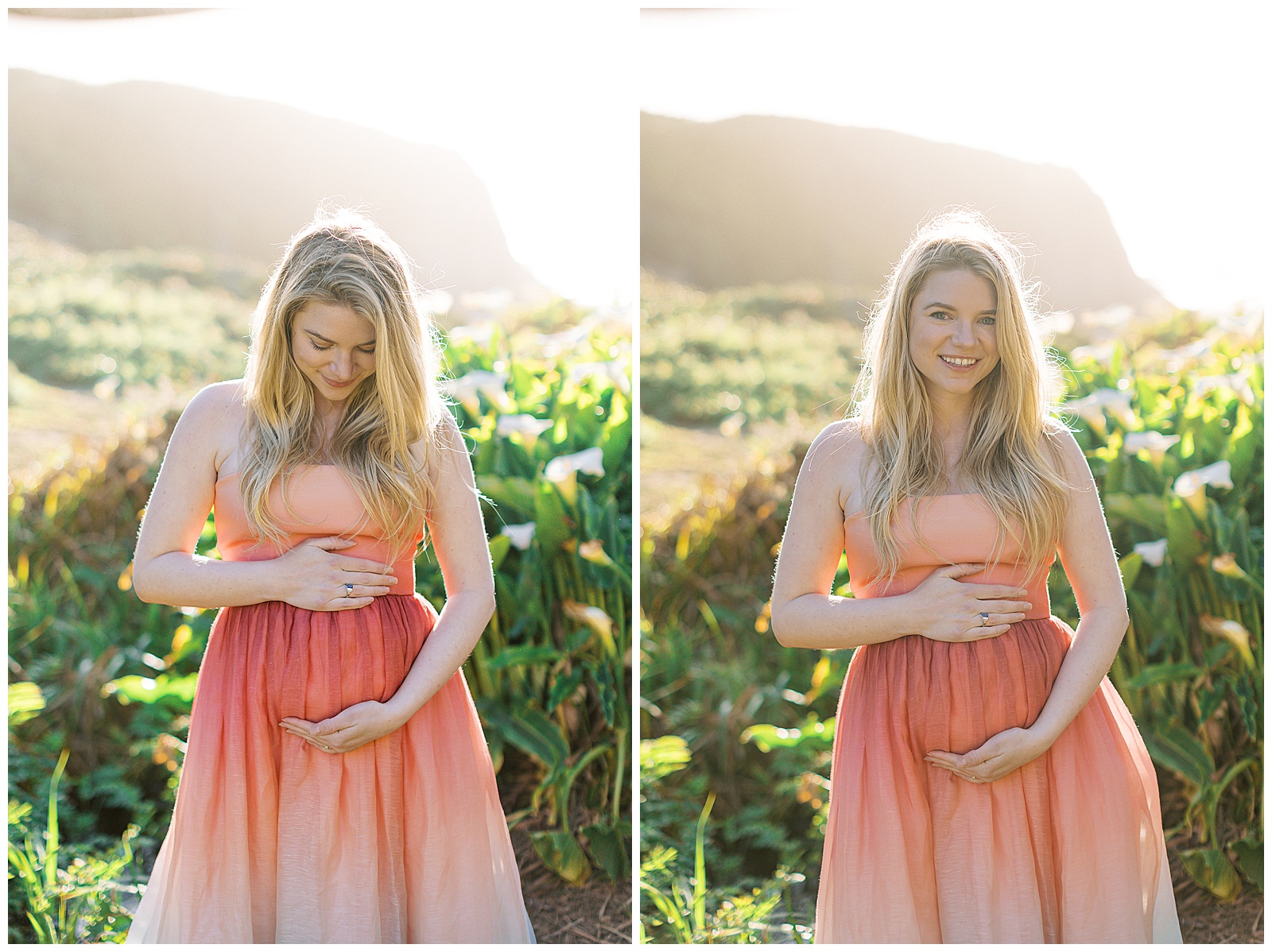 two images of an expectant mother in Big Sur