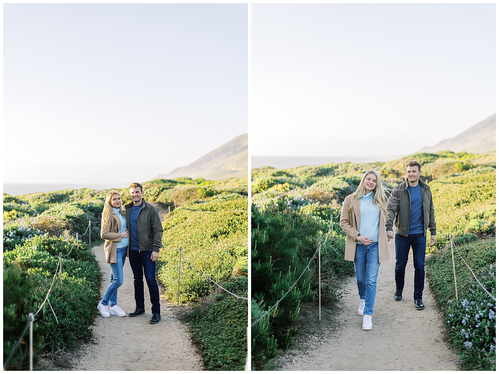 two images of a couple walking in Big Sur for Big Sur Maternity Shoot