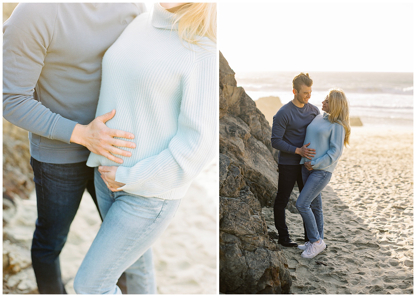 two images of a couple on the beach