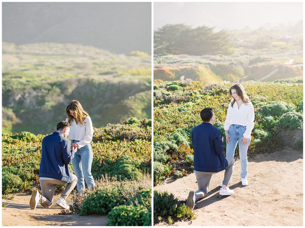two images of a man proposing to a woman in Big Sur proposal