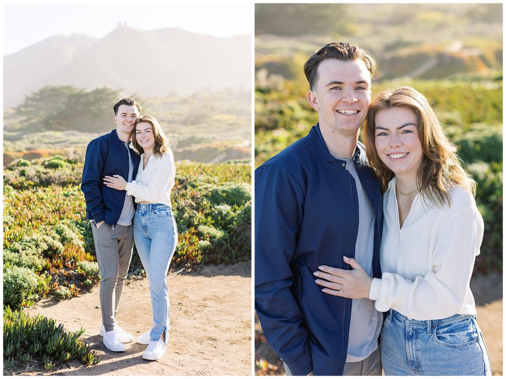 two images of a couple smiling for a photo in Big Sur CA