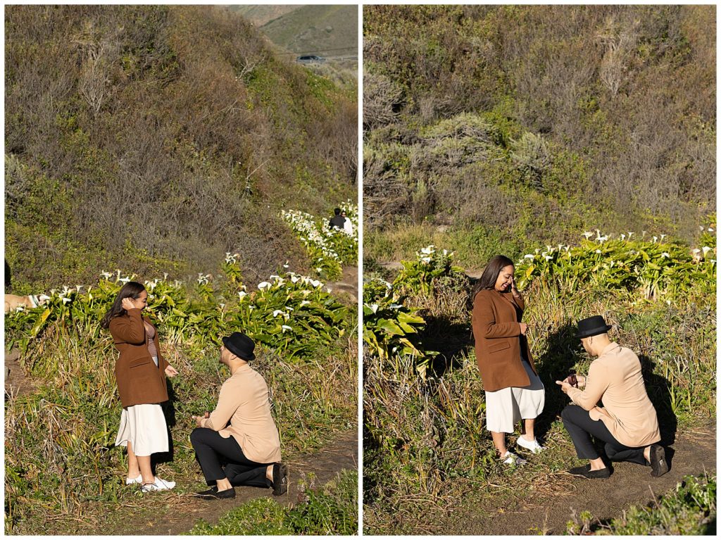 two images of a man proposing to a woman during Calla Lilly Valley Proposal