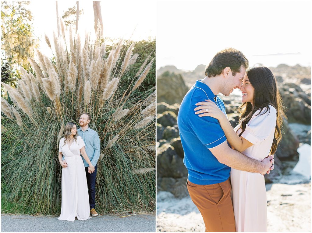Two images of a couple in an engagement pose