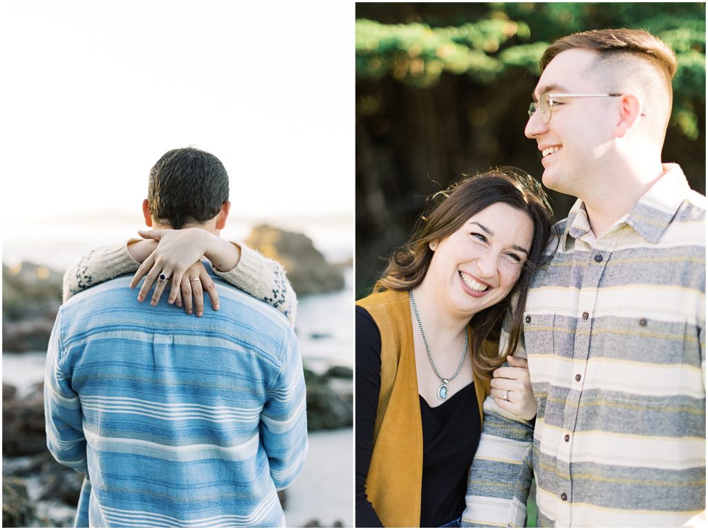 Two photos of a couple in engagement poses
