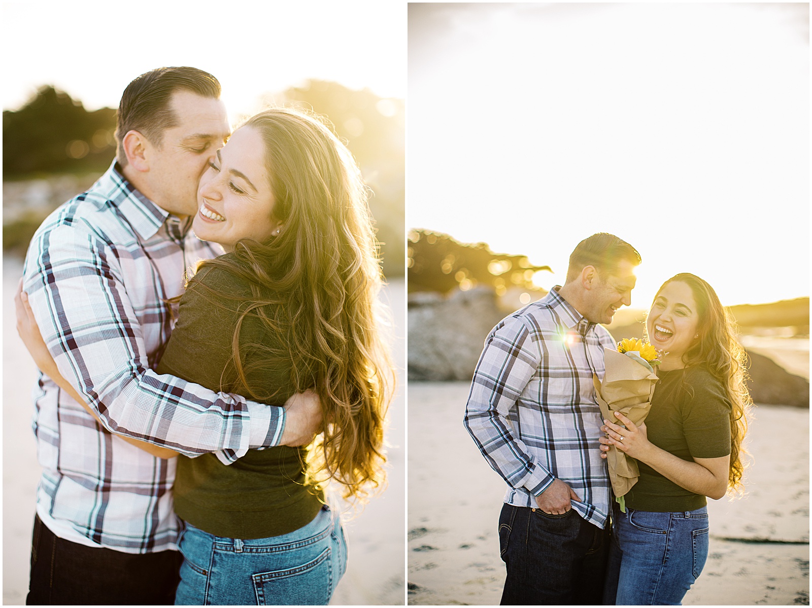 two images of a couple cuddling and laughing together