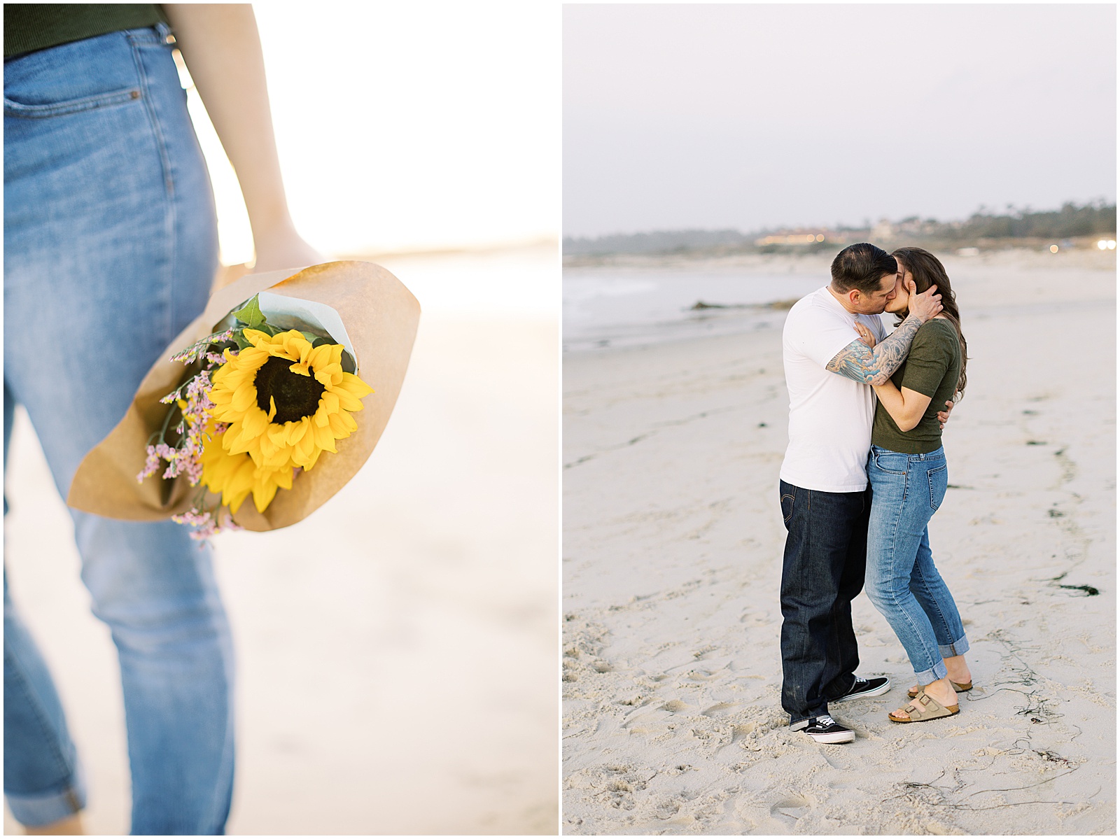two images of a couple on the beach during Pebble Beach Engagement