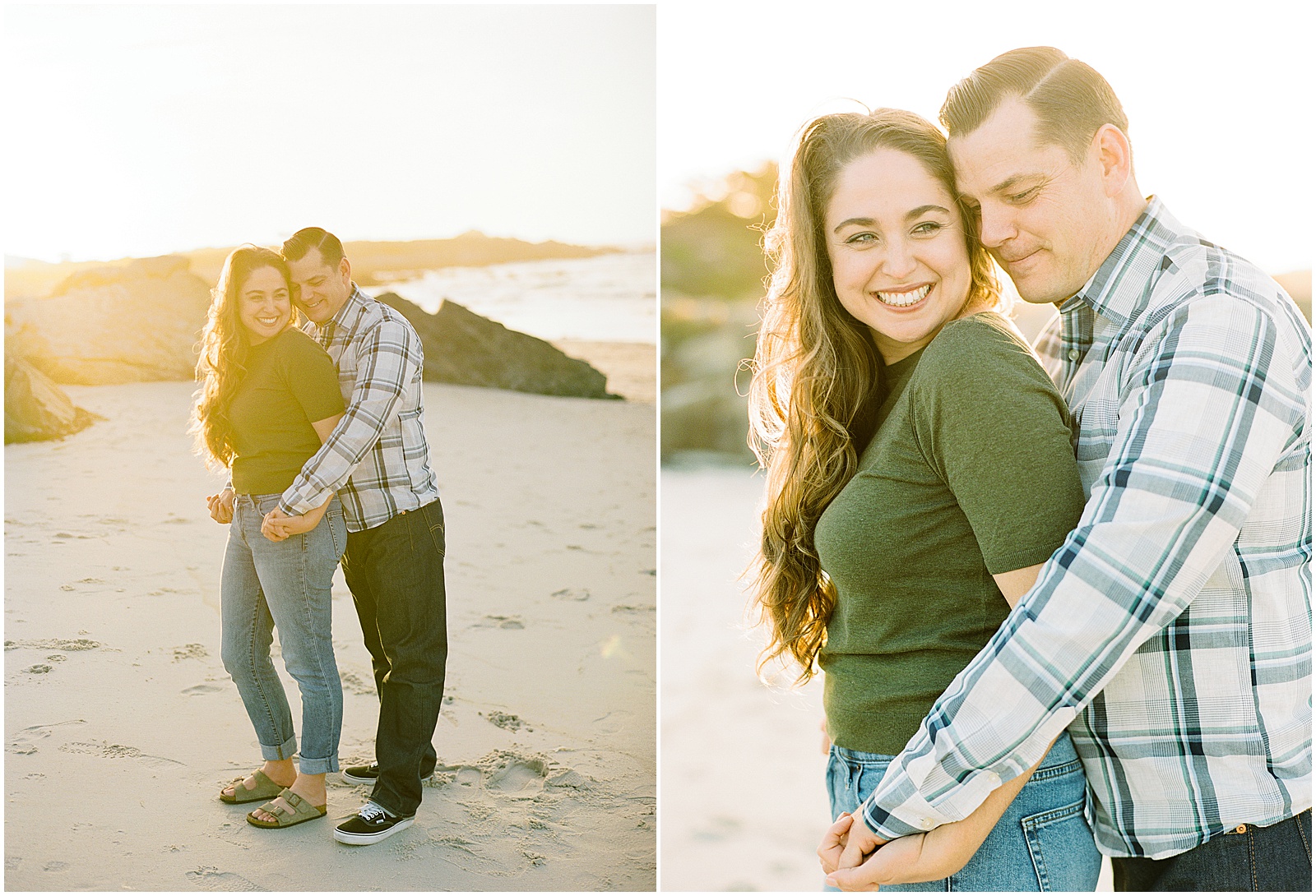 two images of a couple standing together, holding one another for Pebble Beach Engagement