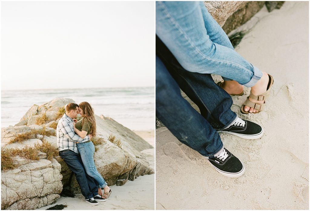 two images of a couple sitting together on a rock at Pebble Beach