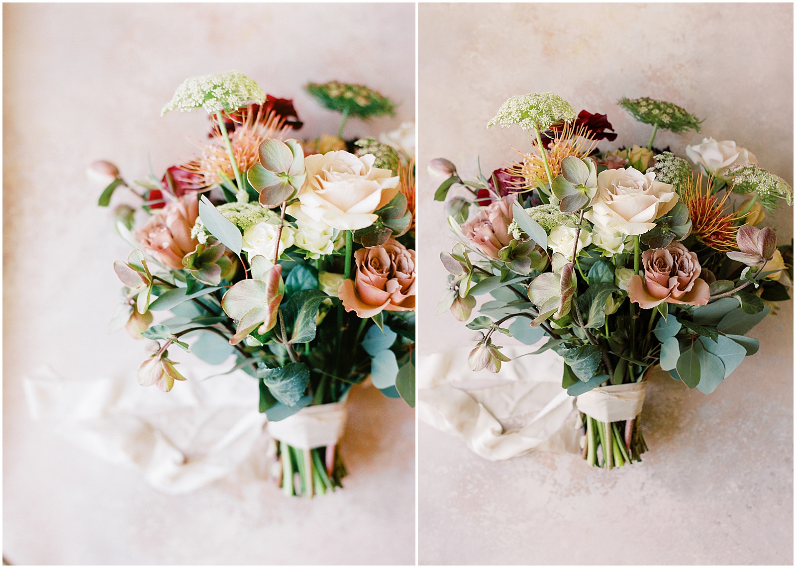 two images of a wedding bridal bouquet taken by Monterey Wedding Photographer