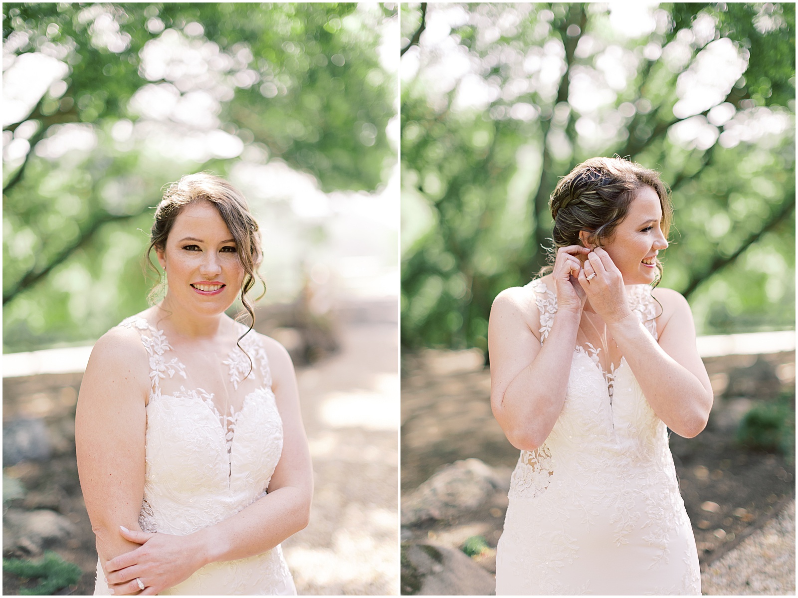 two images of a bride getting ready for her Monterey wedding day