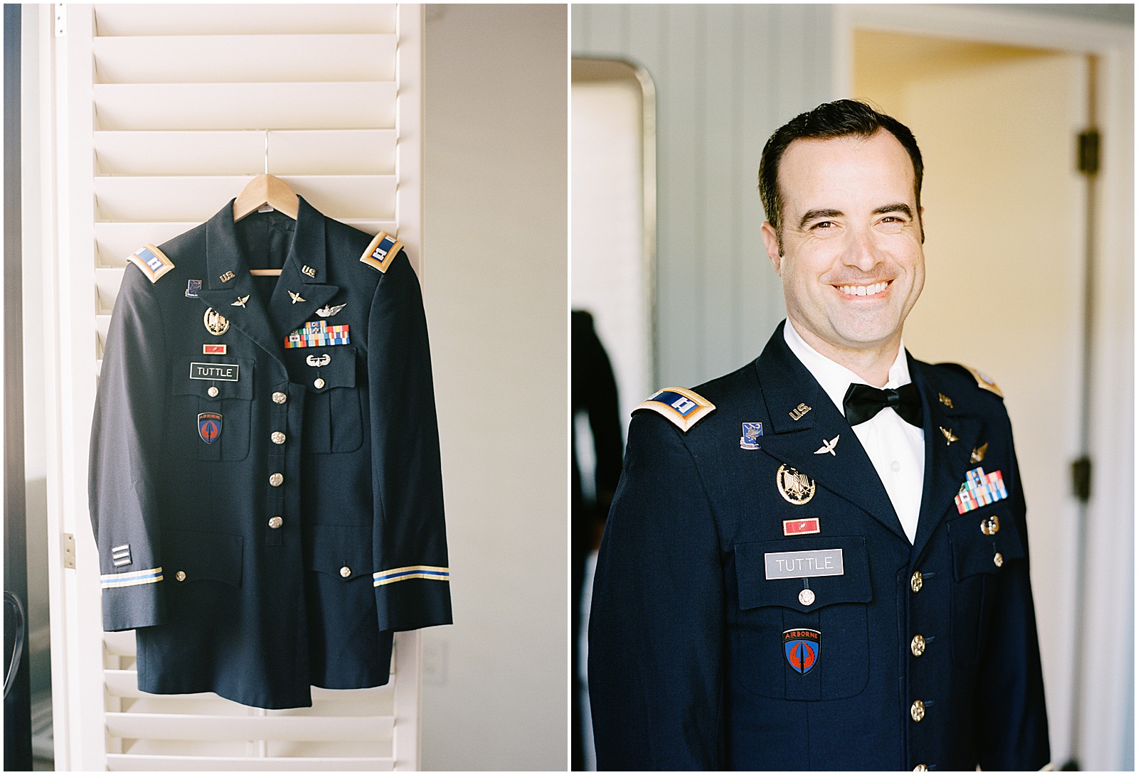 two portraits of a groom wearing his military uniform on his wedding day
