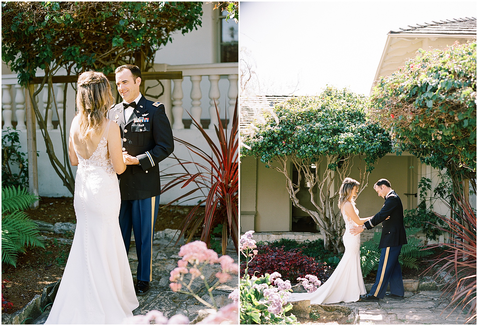 two portraits of a bride and groom doing a first look on their wedding day with Monterey Wedding Photographer