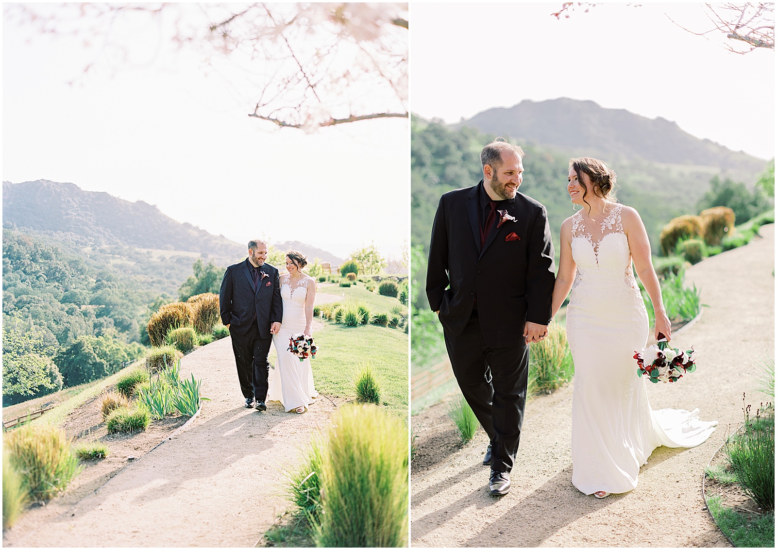 two portraits of bride and groom walking together holding hands