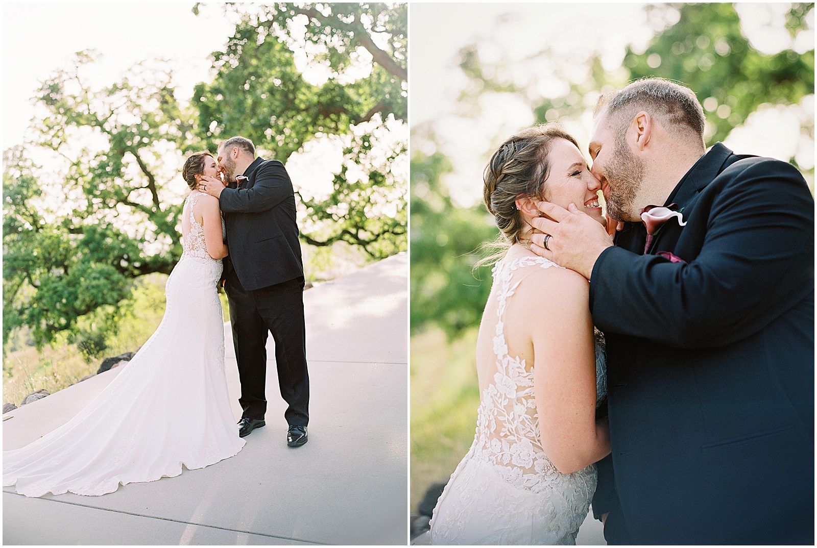 two images of a bride and groom kissing on the Monterey wedding day