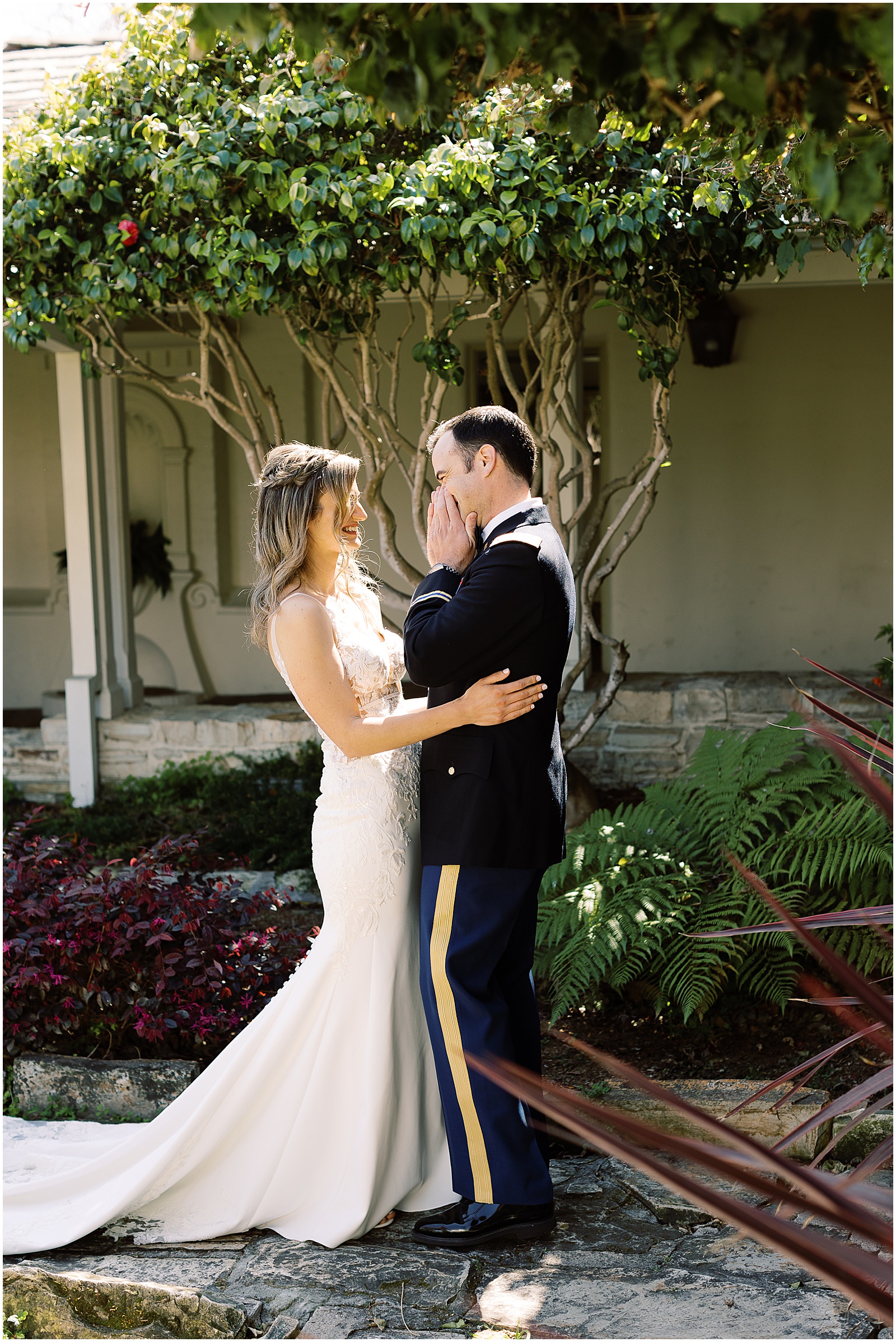 portrait of a wedding couple holding one another during their Monterey wedding