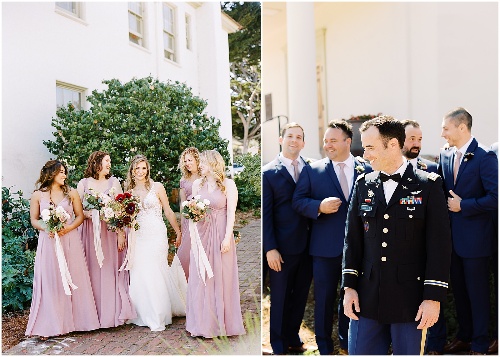 two portraits of a bride and her bridesmaids and the groom and his groomsmen