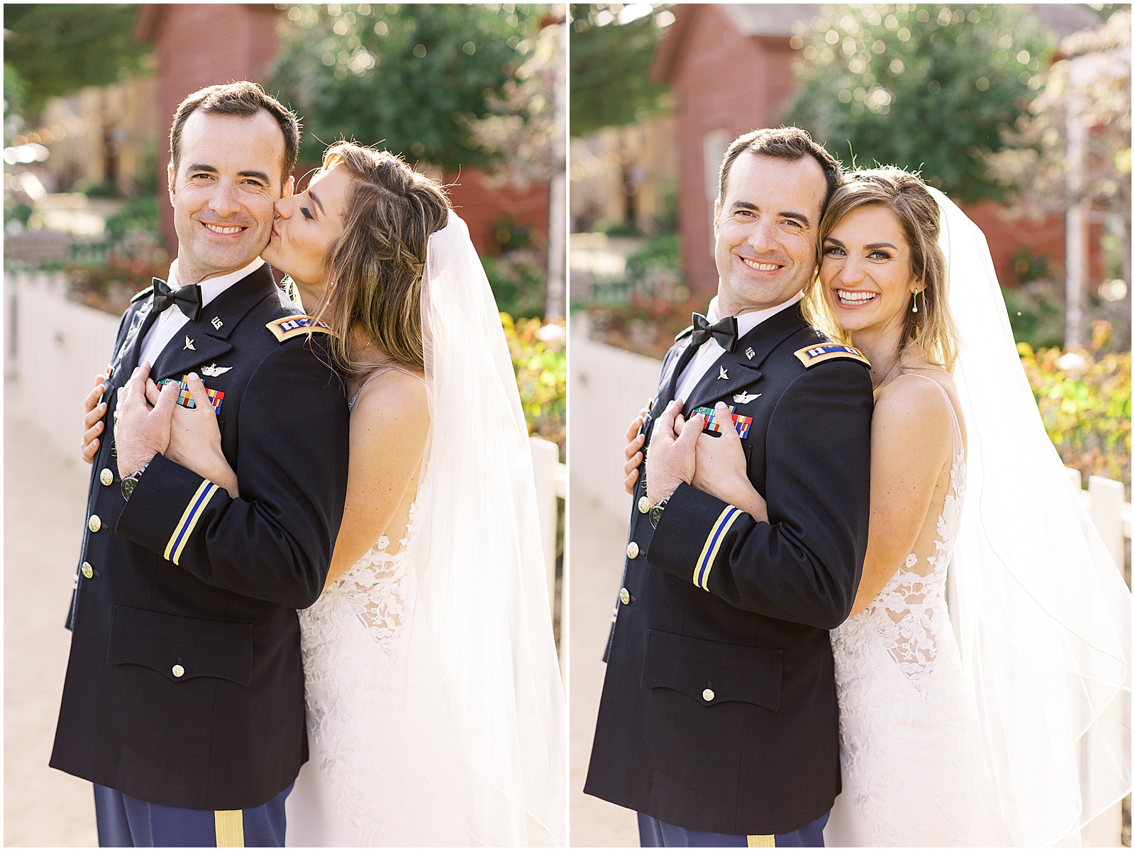 two portraits of a bride and groom snuggled up on their wedding day in Monterey, CA