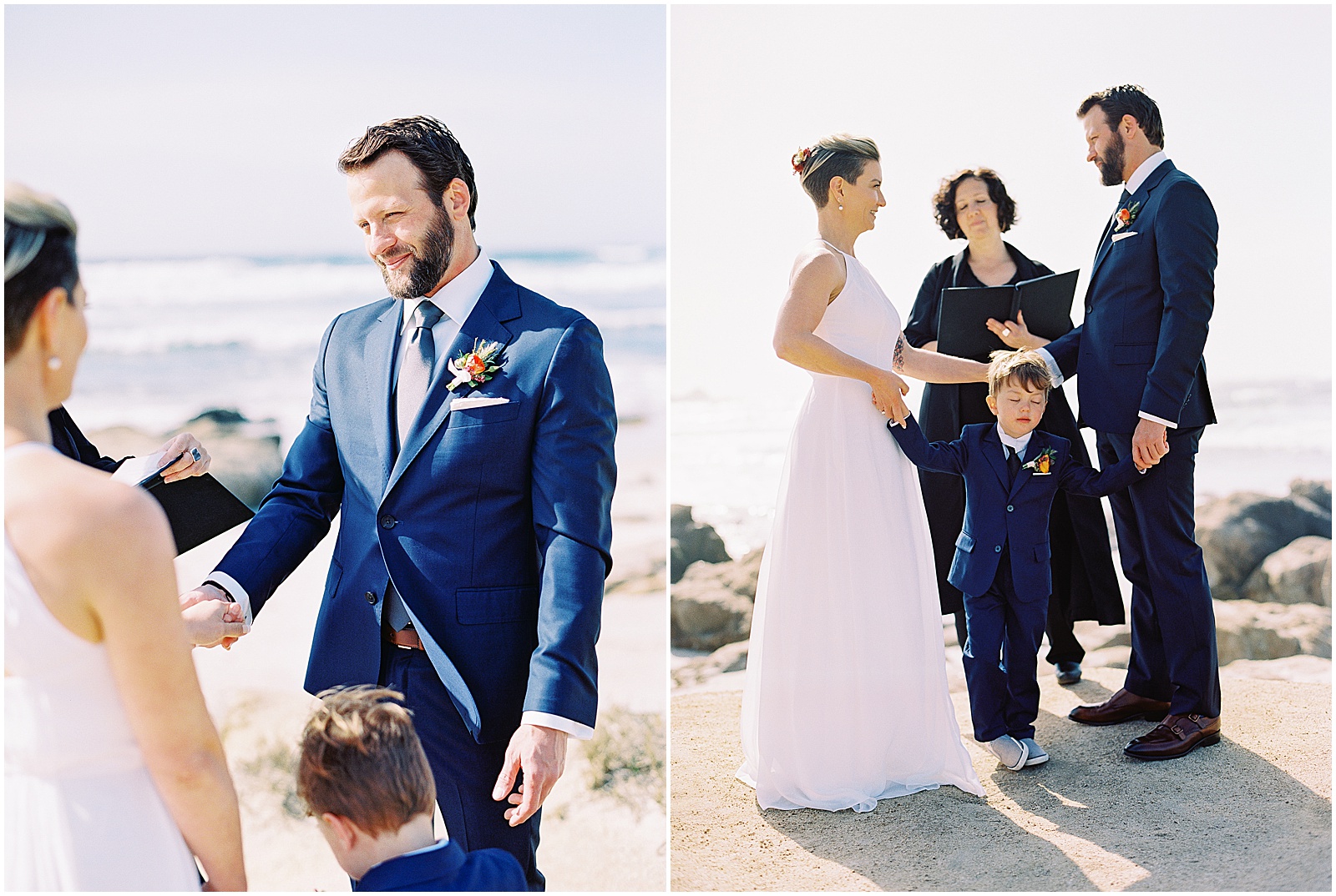 two portraits of a bride and groom exchanging vows with Pebble Beach Elopement Photographer