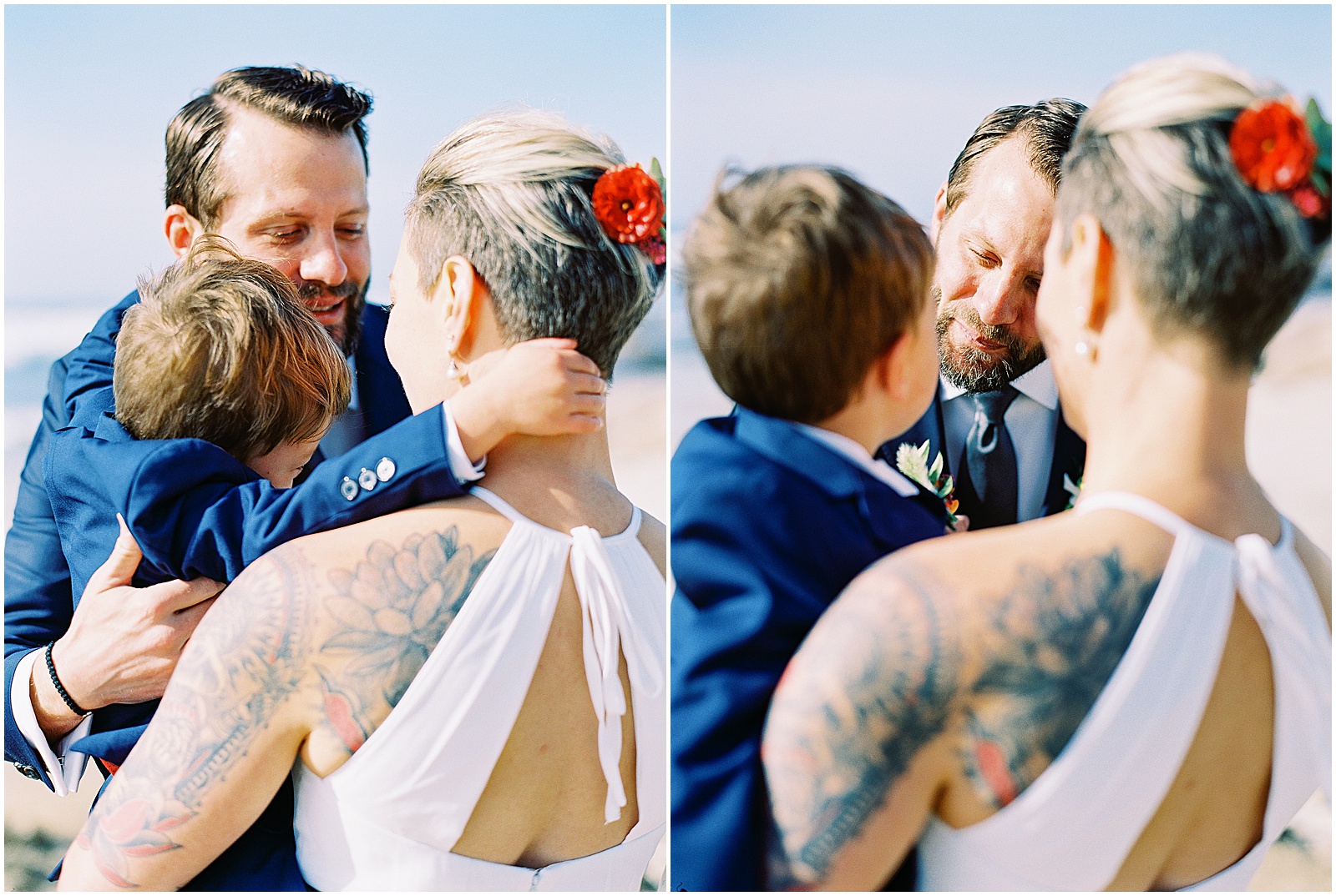 bride and groom sharing time with their son at Pebble Beach Elopement