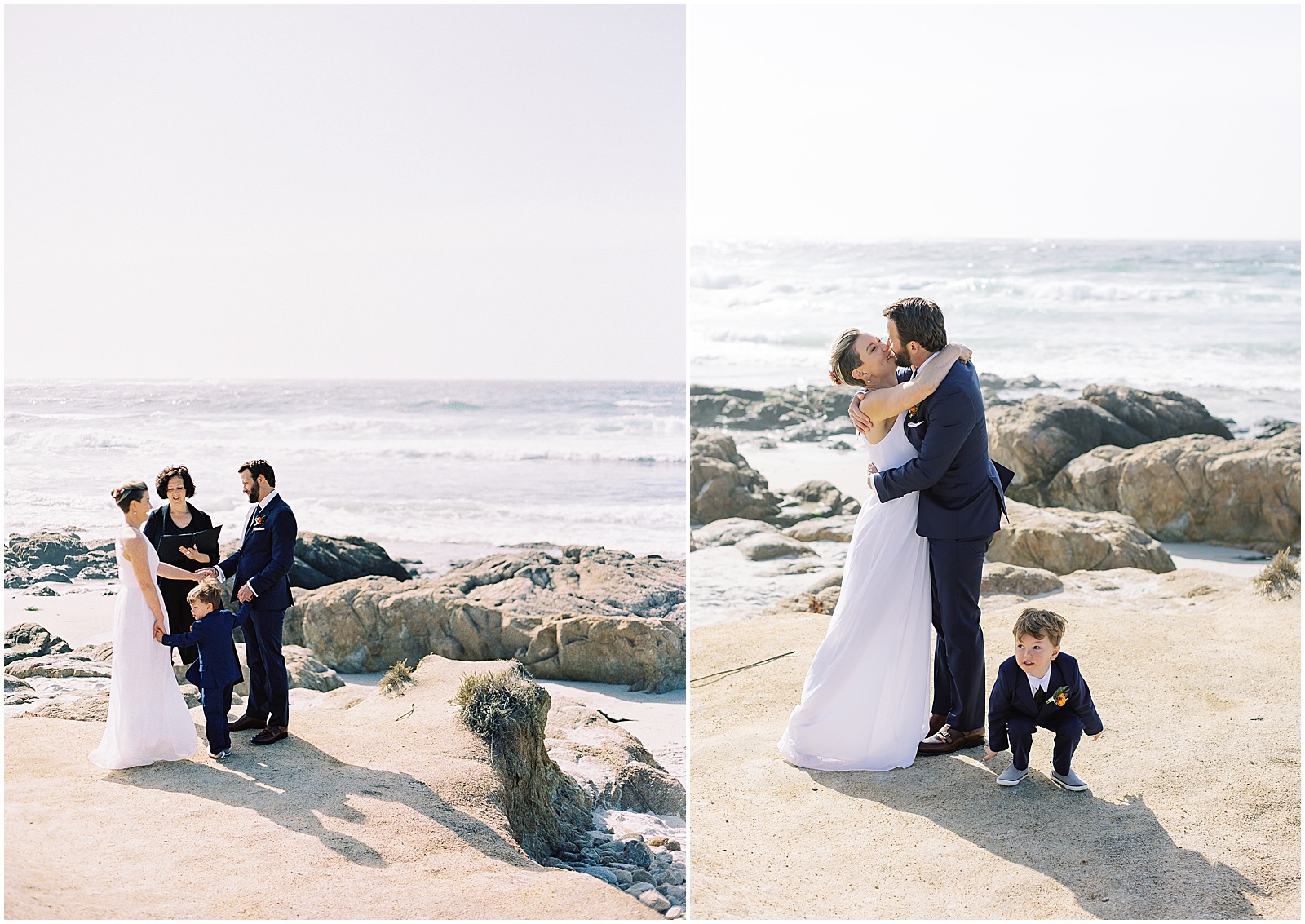 two portraits of the bride and groom kissing after Pebble Beach Elopement ceremony