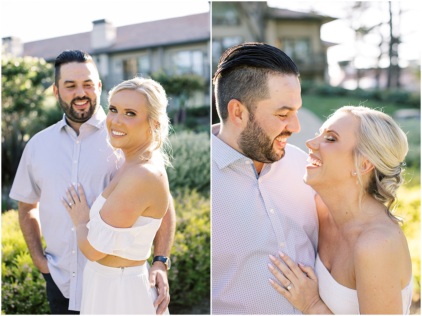 two images of a couple cuddled together and laughing during Pebble Beach engagement photoshoot