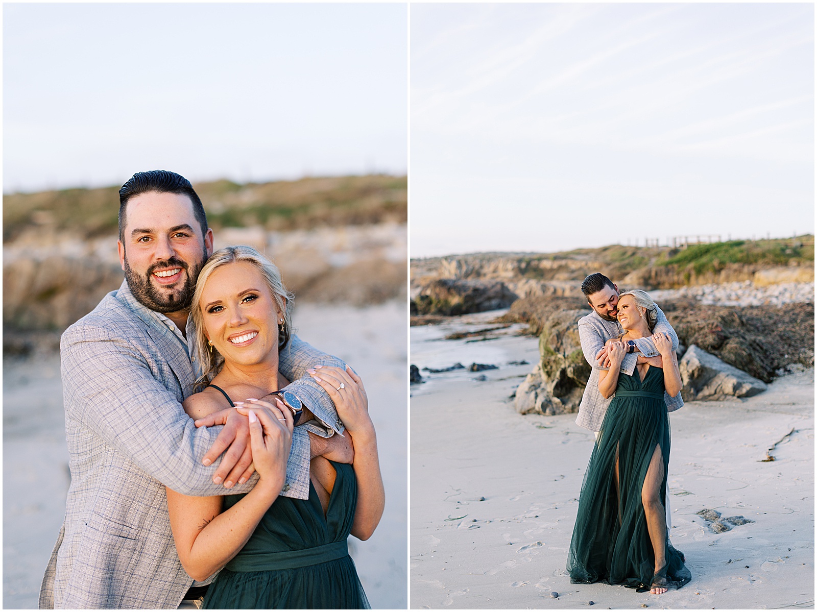 two images of the couple from Pebble Beach engagement photoshoot