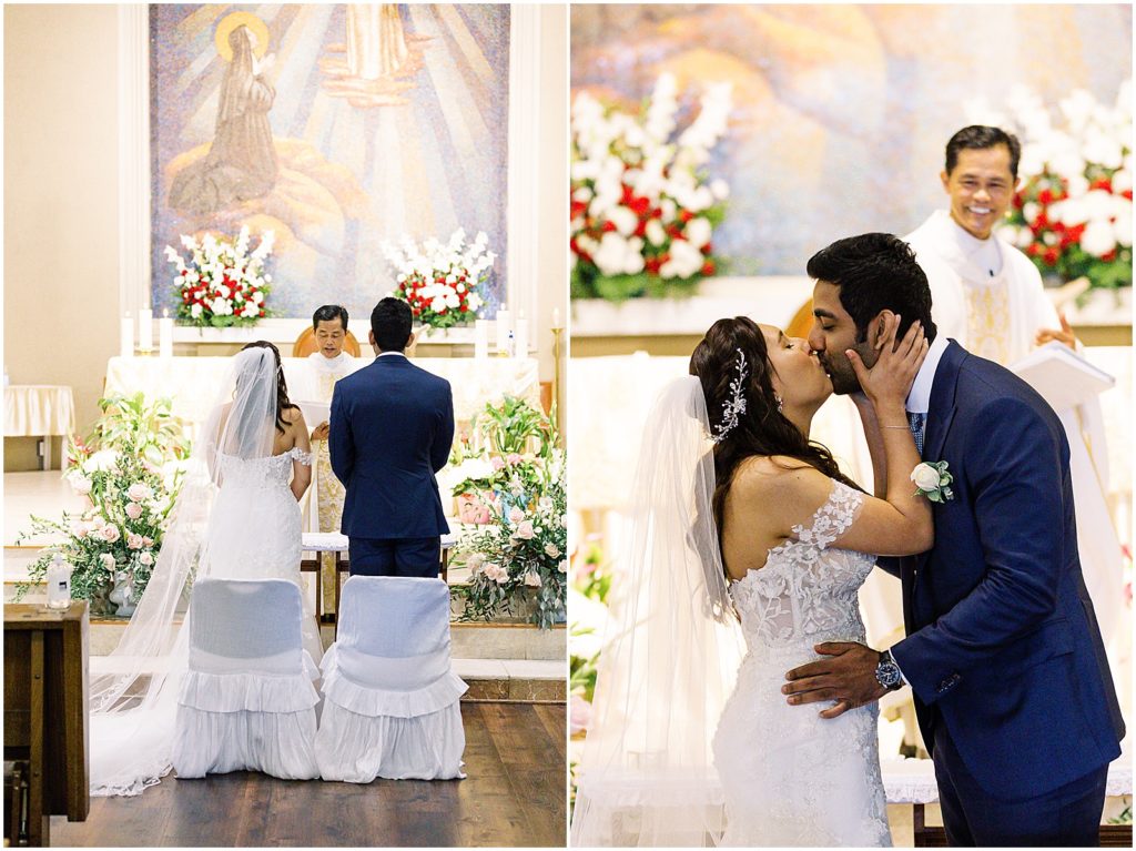 Portrait of the bride and groom's first kiss at Sacred Heart Church by film photographer AGS Photo Art