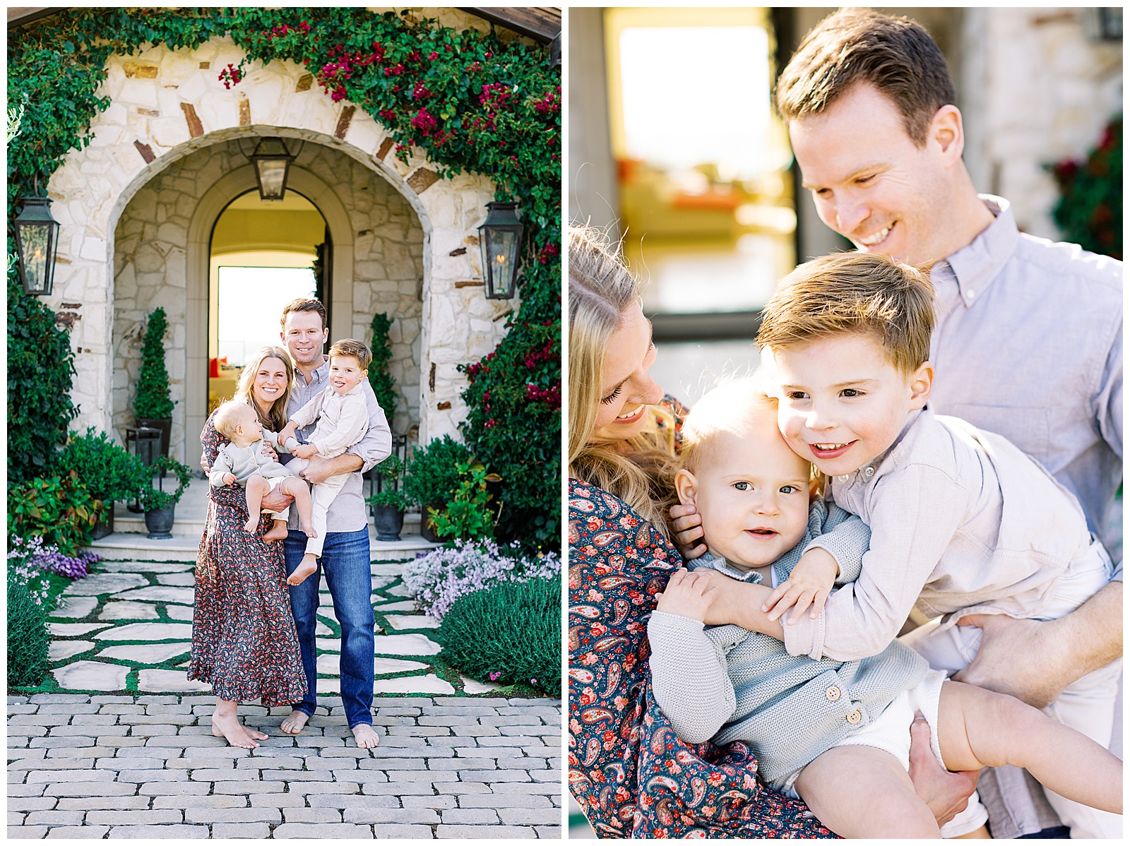 family of four standing in front of Pebble Beach home for family shoot