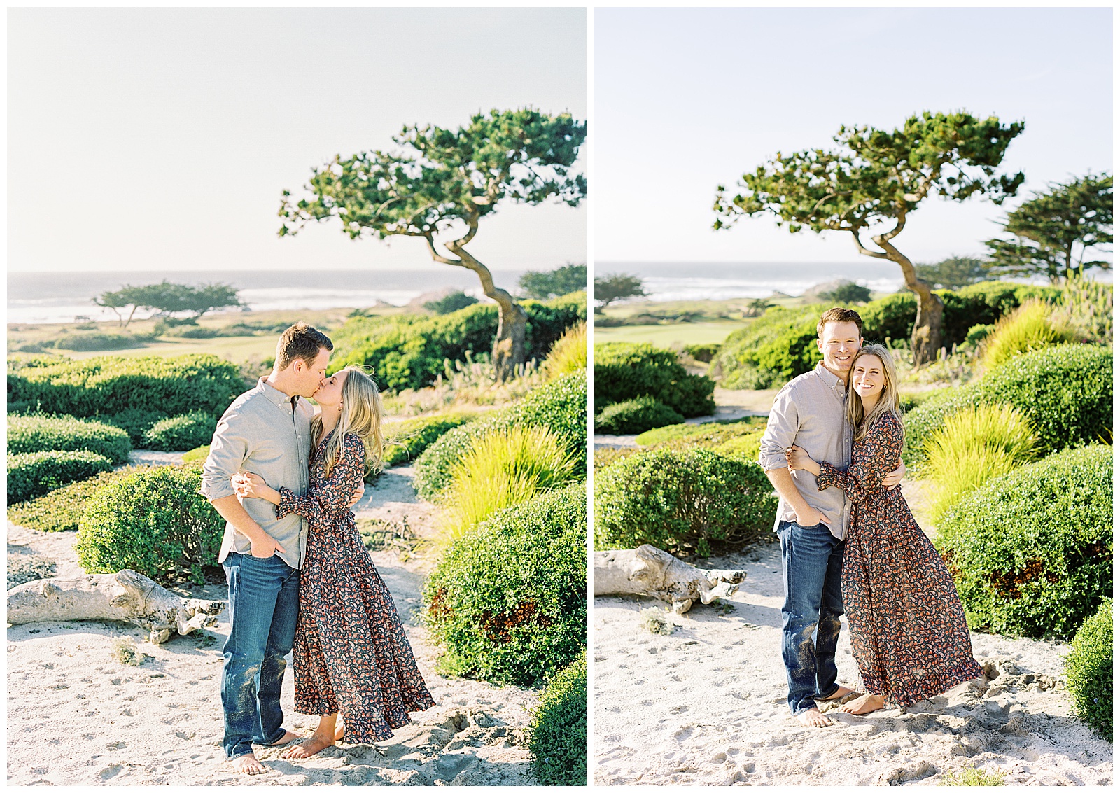 two images of a couple holding one another and kissing at Pebble Beach CA