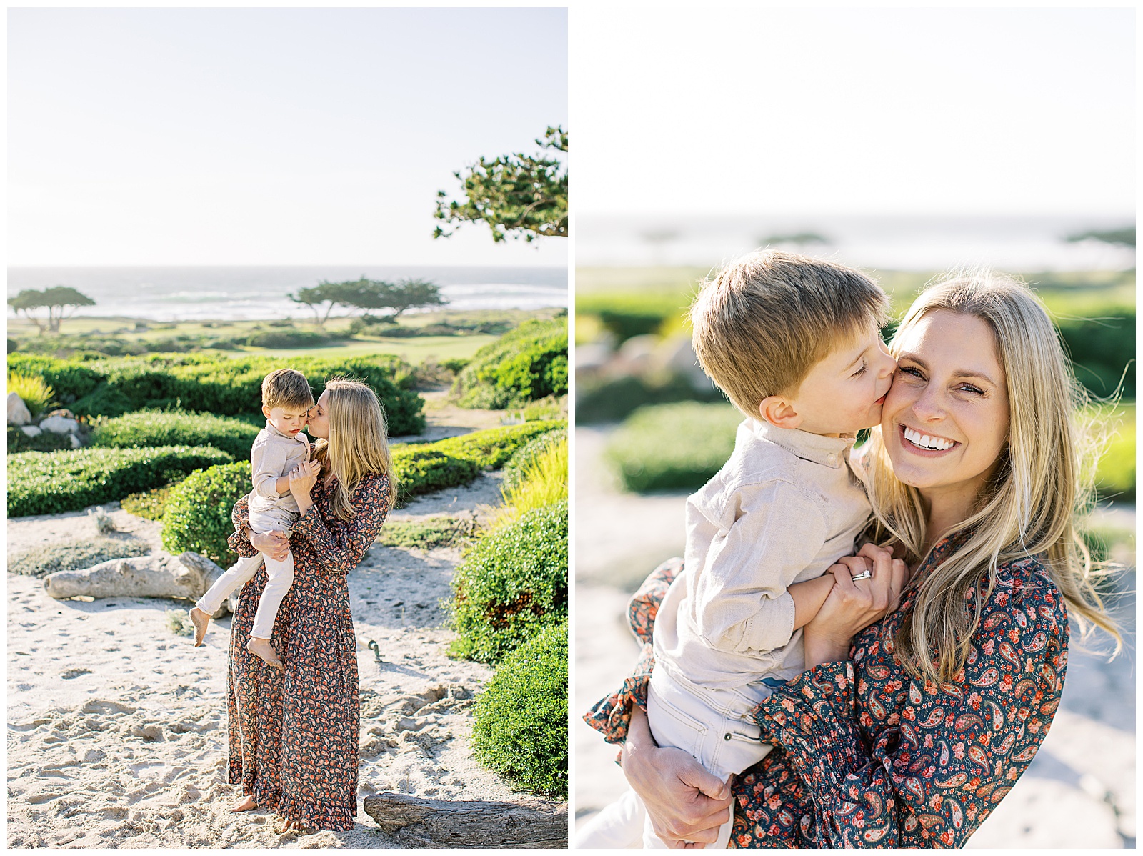 two images of a mother holding her son at Pebble Beach