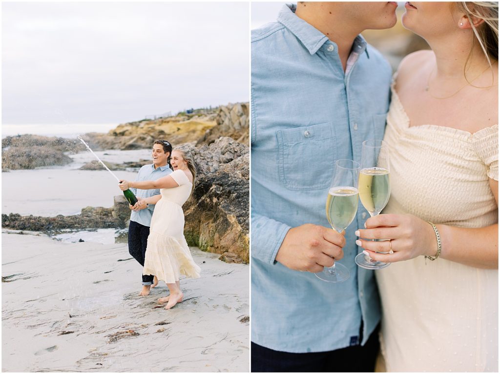 portrait of couple popping champagne on beach by film photographer AGS Photo Art