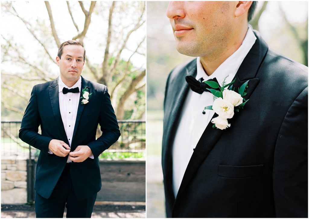 portrait of groom adjusting suit by film photographer AGS Photo Art