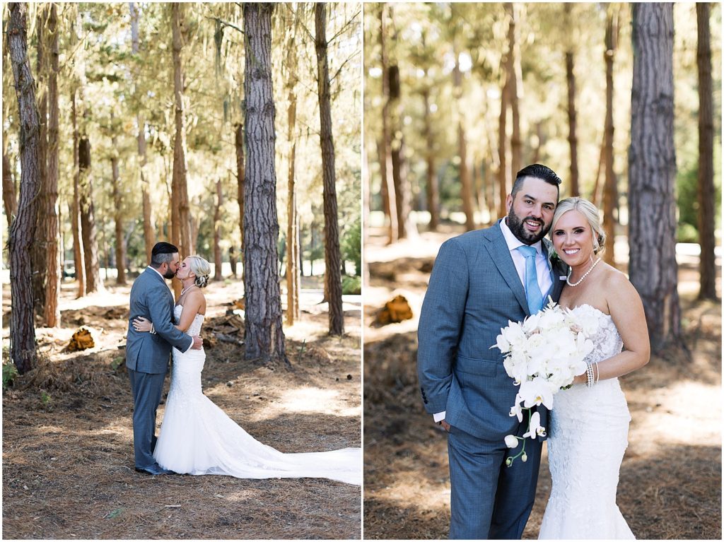 portrait of bride and groom posing  surrounded by trees by film photographer AGS Photo Art