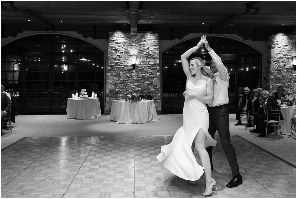 portrait of bride and groom on dance floor during reception by film photographer AGS Photo Art