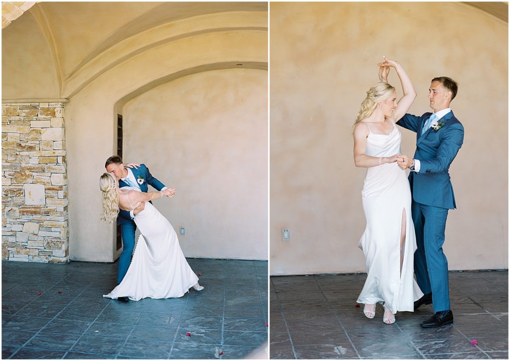 portrait of bride and groom dancing during first look by film photographer AGS Photo Art