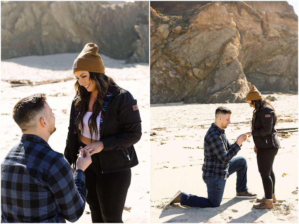 portrait of couple surprise proposal on beach by film photographer AGS Photo Art