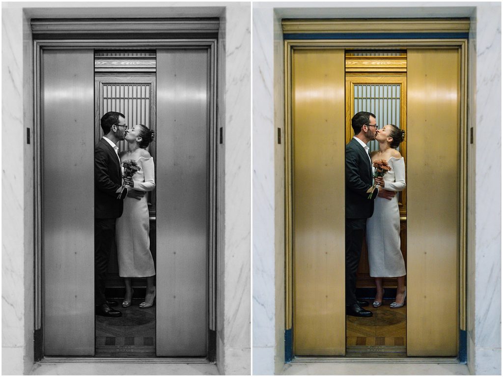 portrait of couple in elevator at city hall by film photographer AGS Photo Art